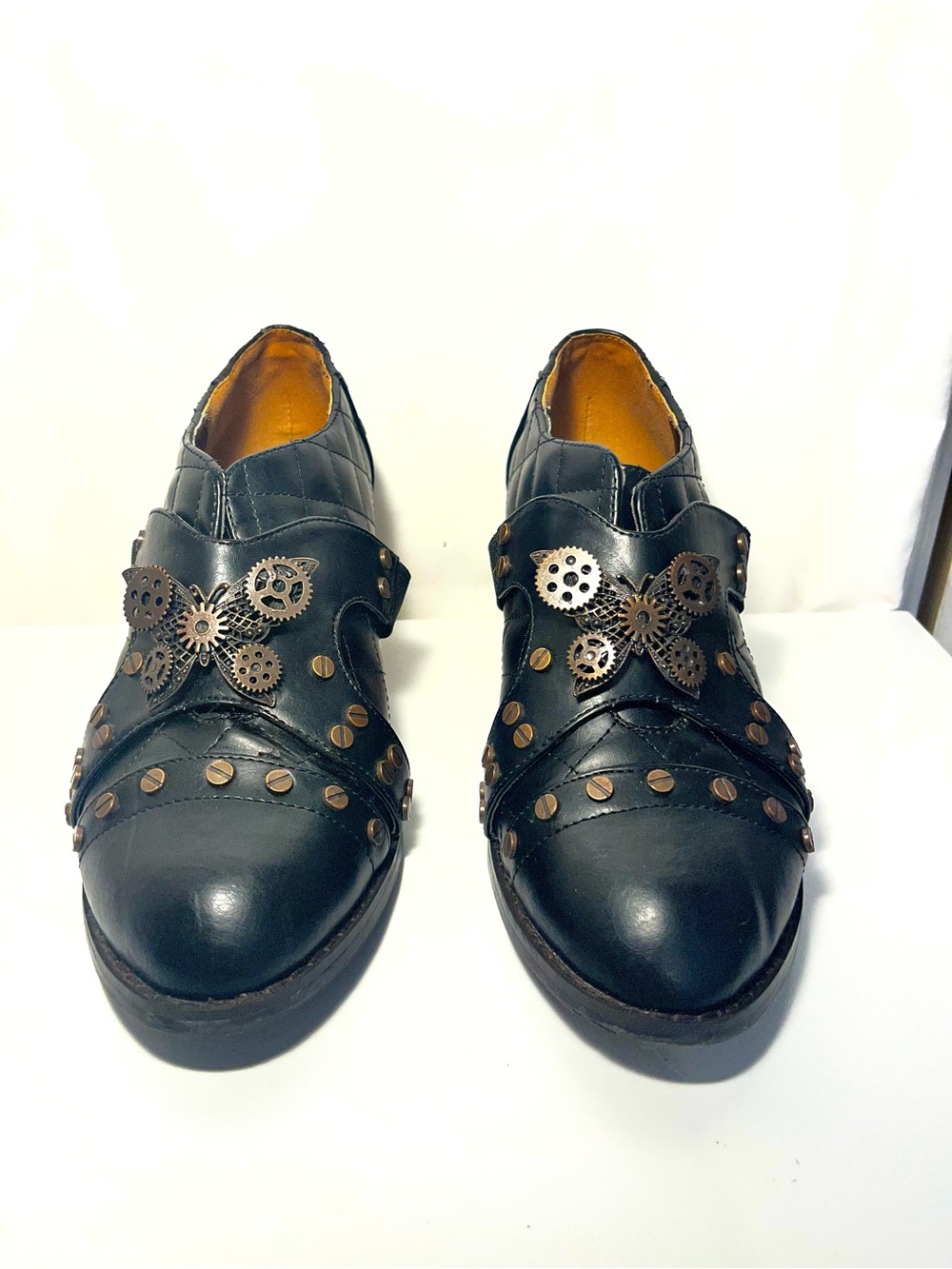 Hades Vintage Steampunk Quilted Black Heels with Copper Gear Details